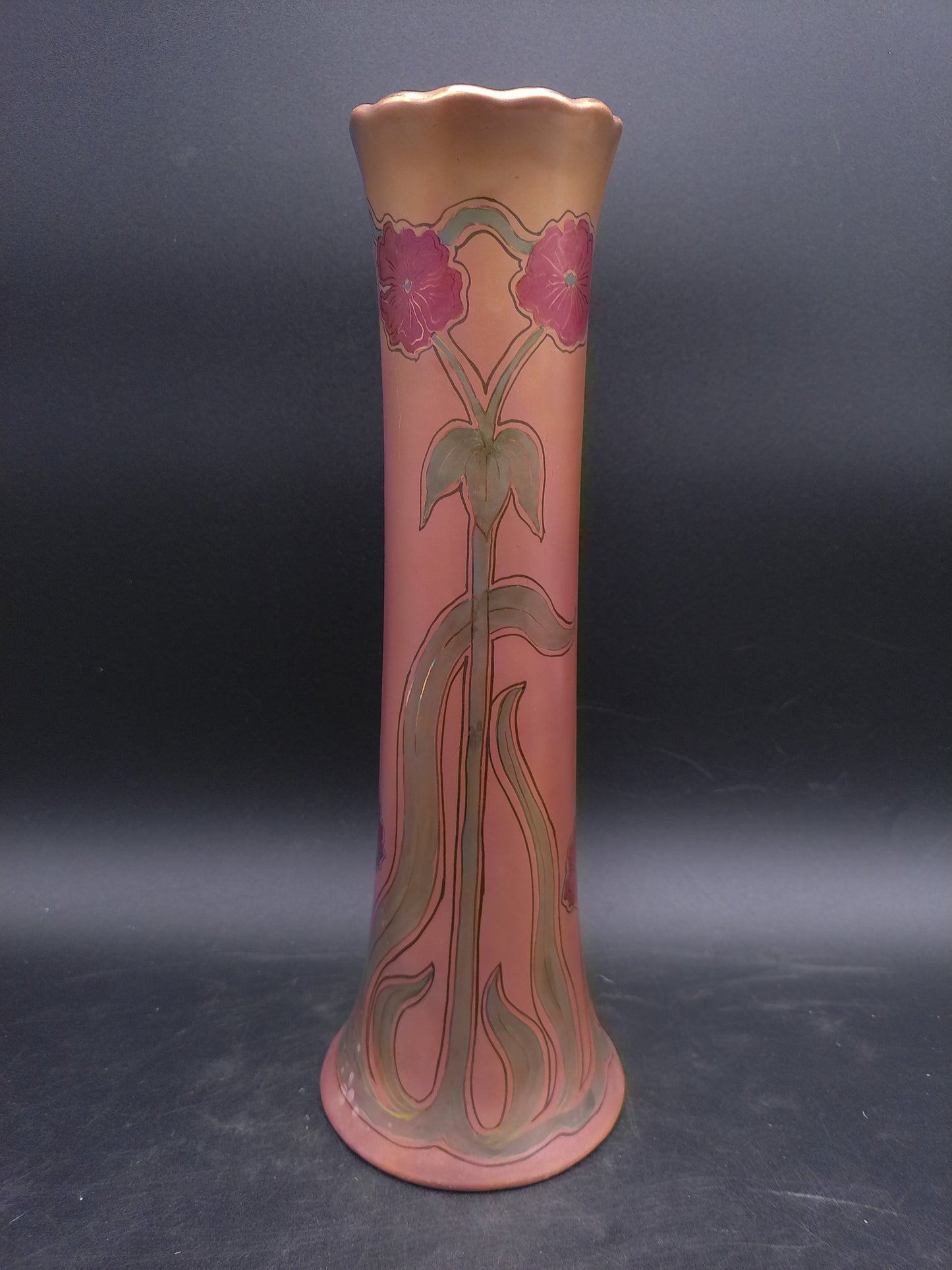 Tall Vase Ceramic with Flower Design Gold edge color Antique