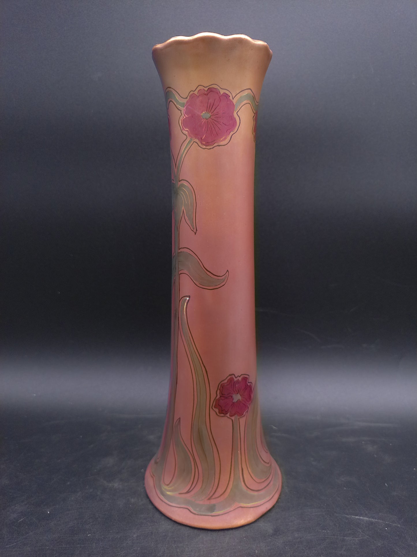 Tall Vase Ceramic with Flower Design Gold edge color Antique