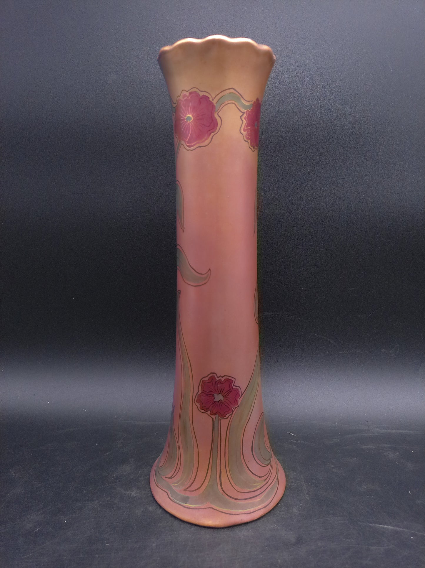 Tall Vase Ceramic with Flower Design Gold edge color Antique