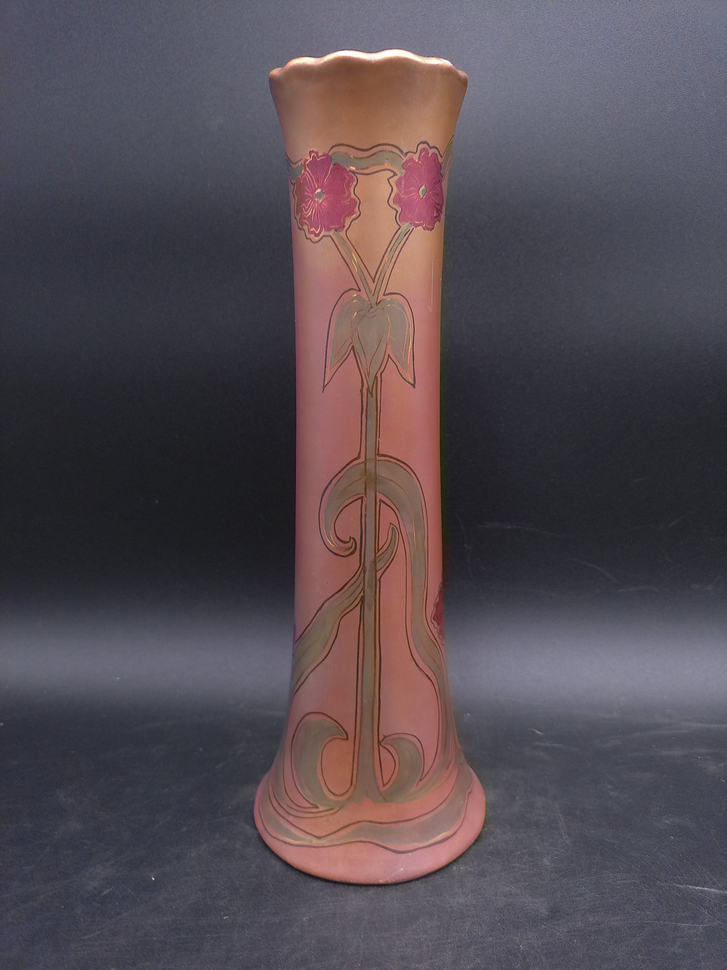 Tall Vase Ceramic with Flower Design Gold edge color Antique