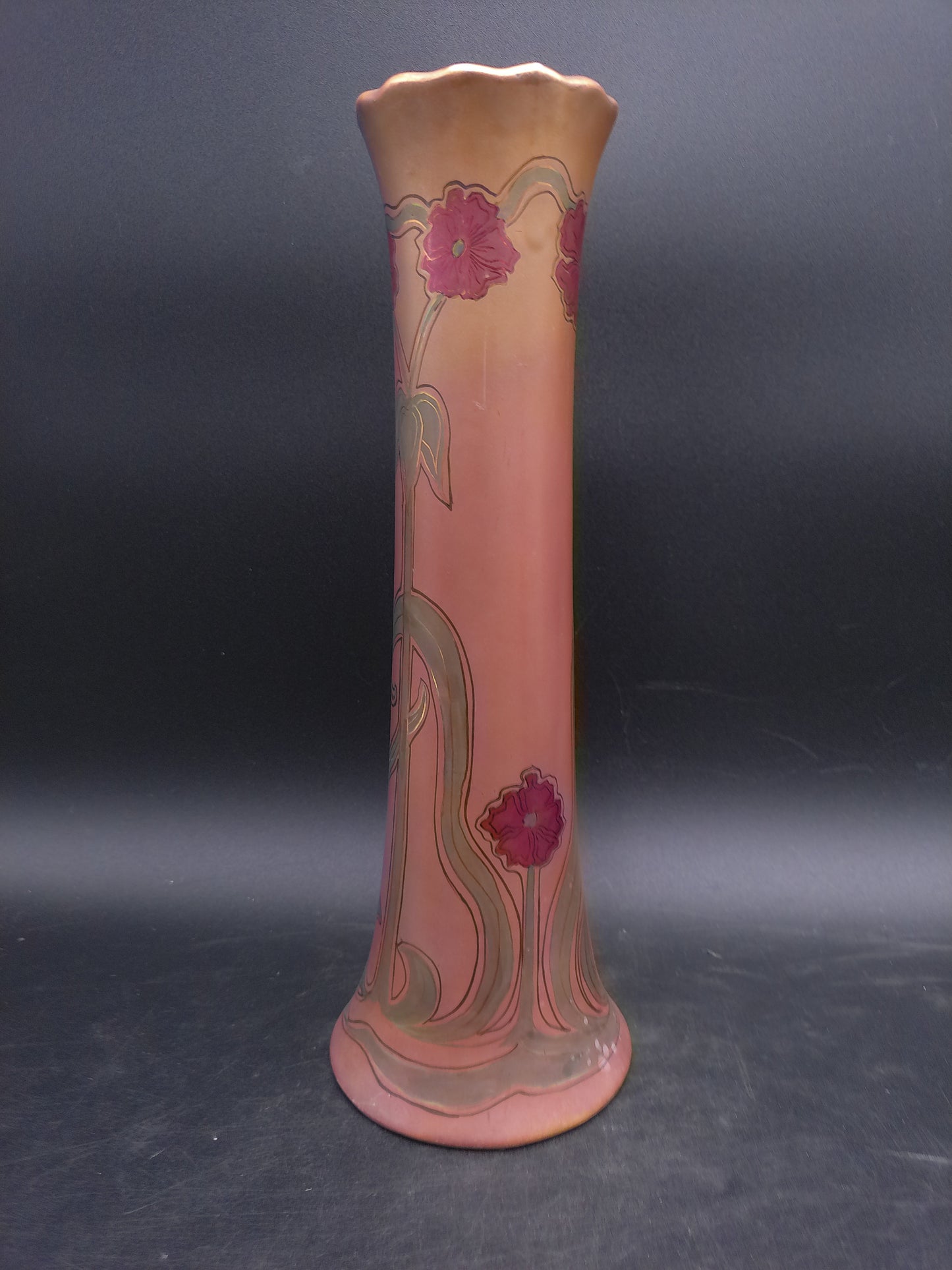 Tall Vase Ceramic with Flower Design Gold edge color Antique