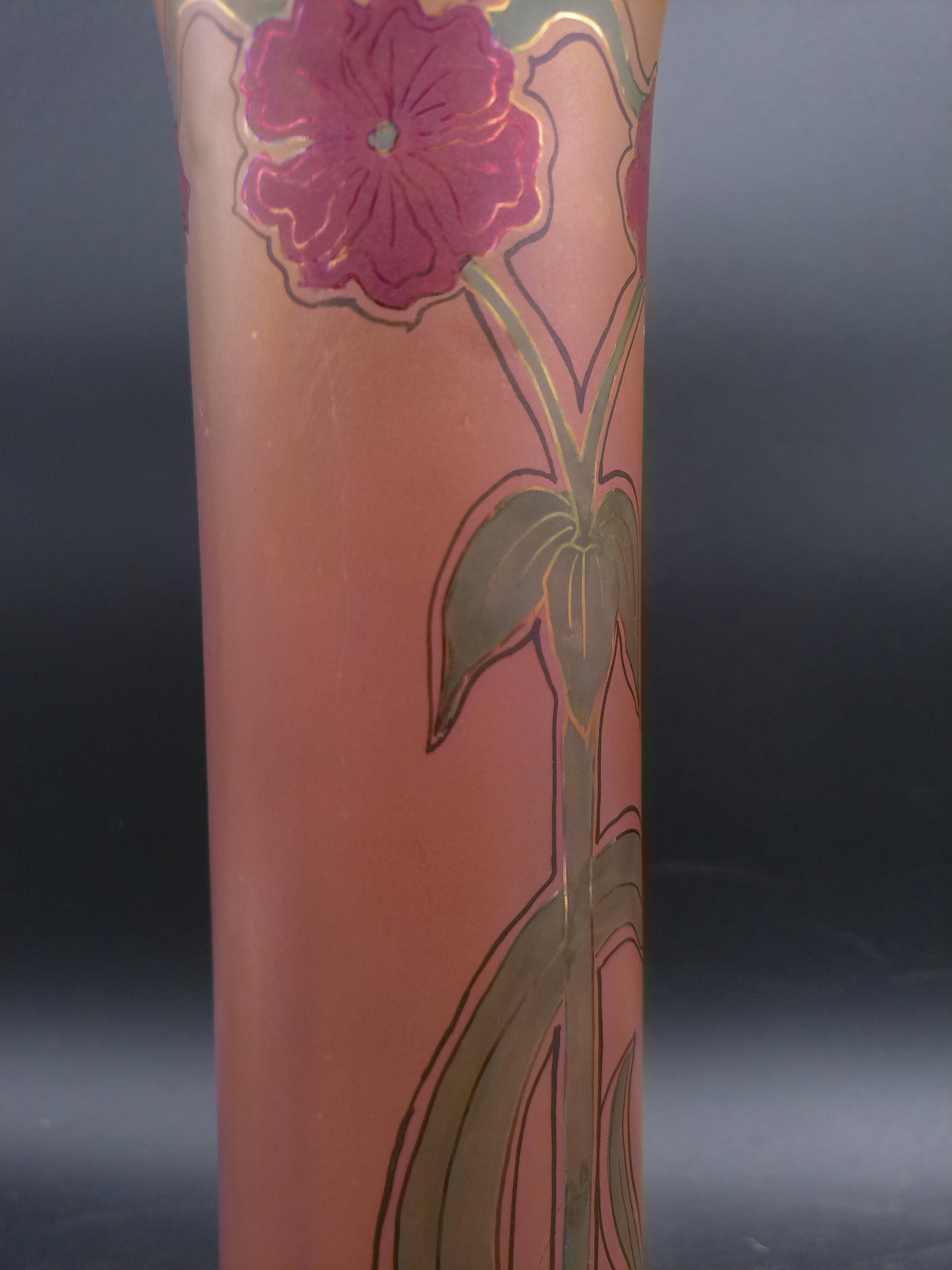 Tall Vase Ceramic with Flower Design Gold edge color Antique