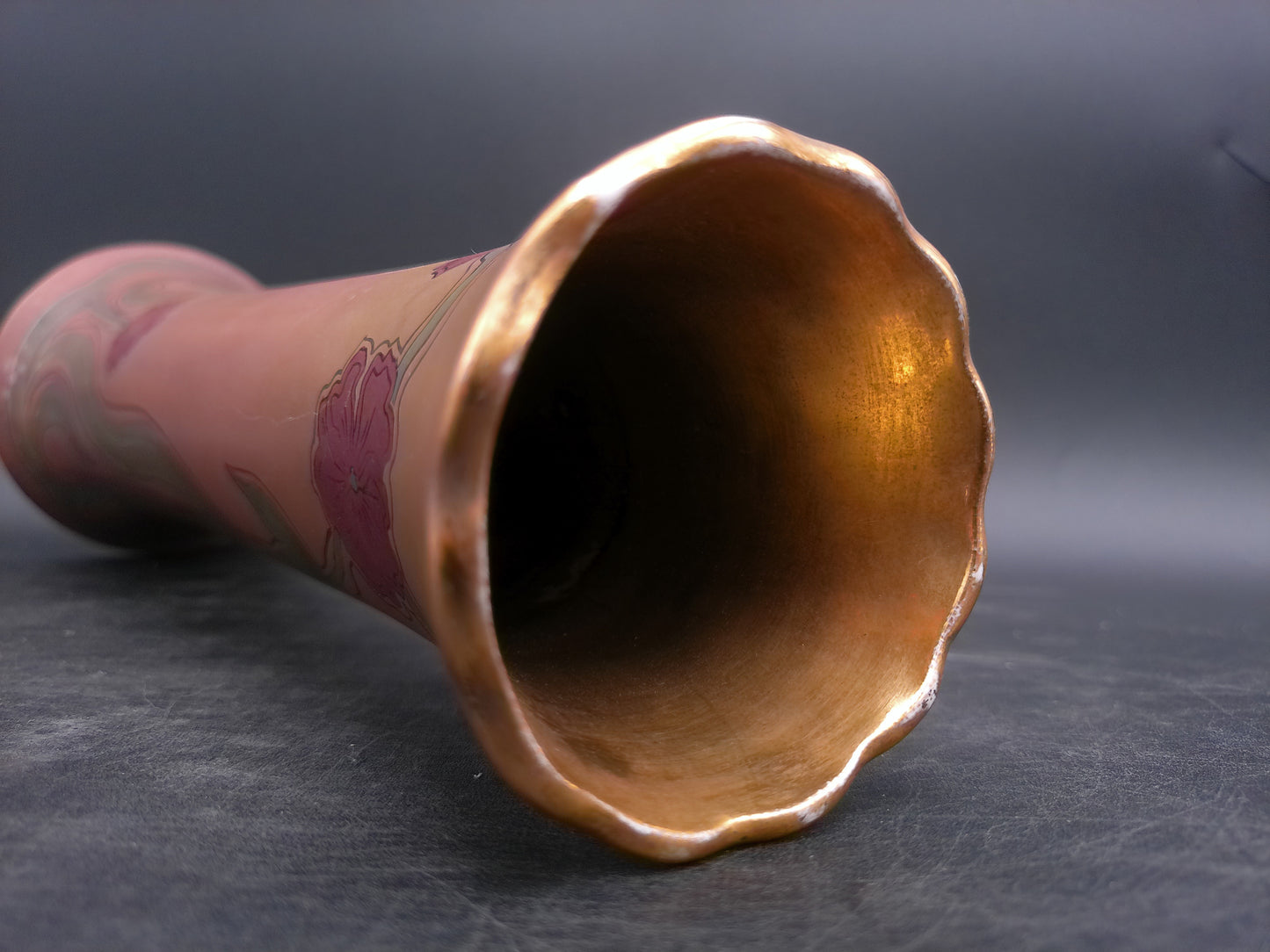 Tall Vase Ceramic with Flower Design Gold edge color Antique