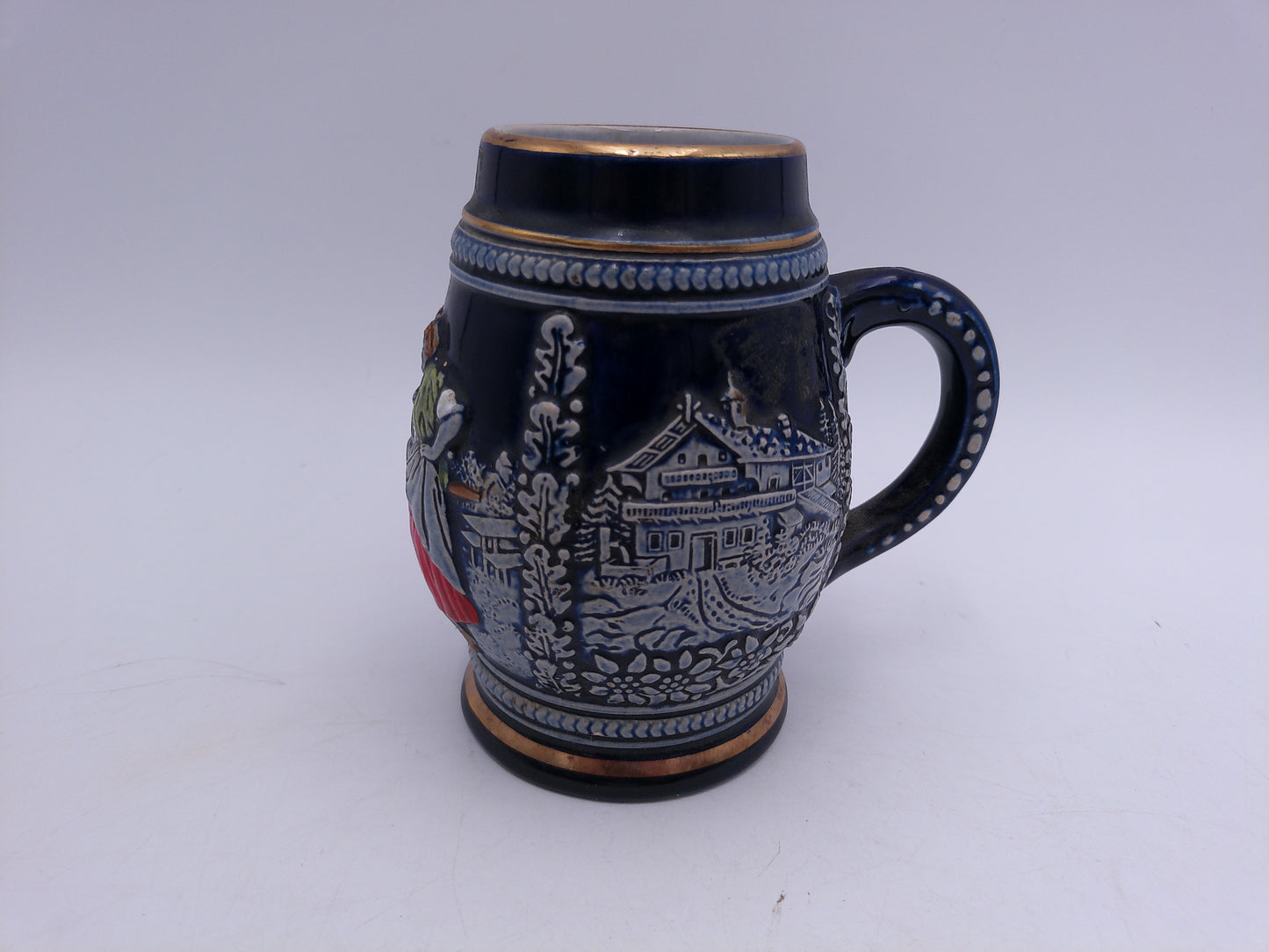 Beer Stein Mug Vintage German Stein with Handle Gold rim and rings