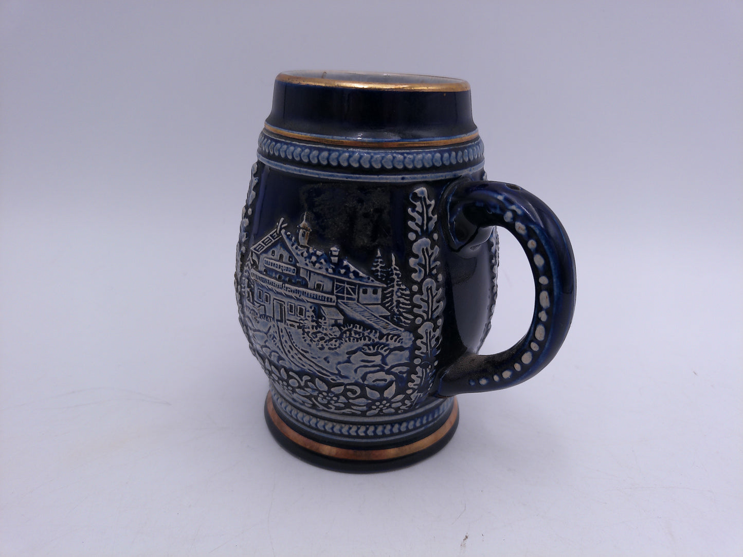 Beer Stein Mug Vintage German Stein with Handle Gold rim and rings