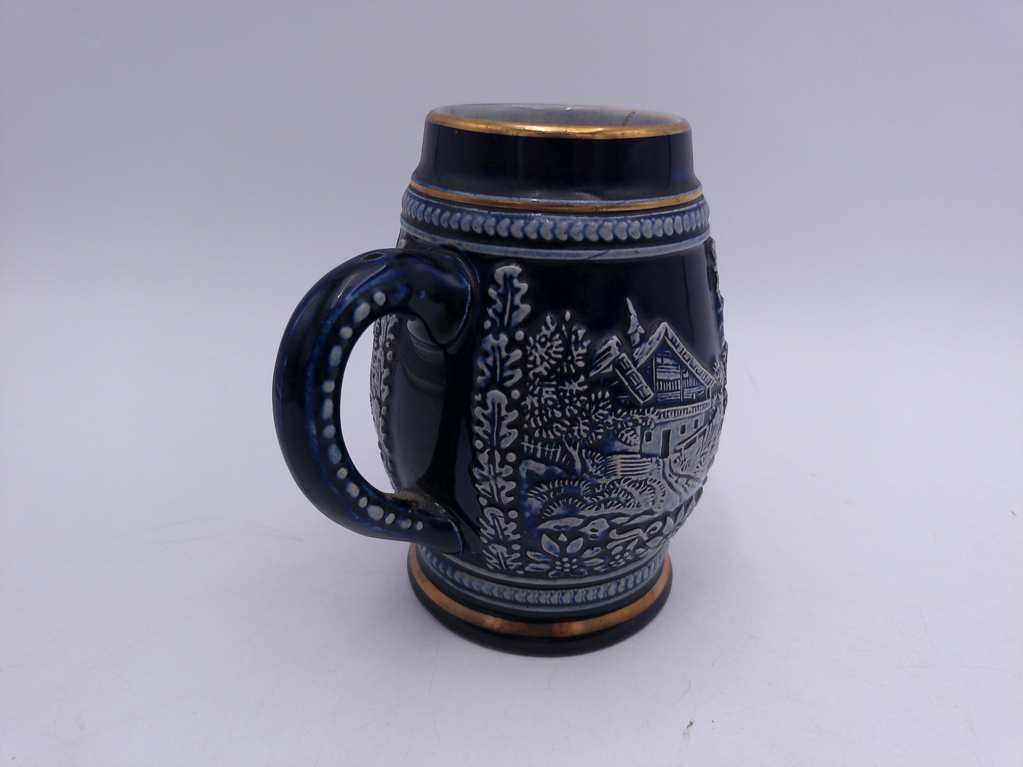 Beer Stein Mug Vintage German Stein with Handle Gold rim and rings