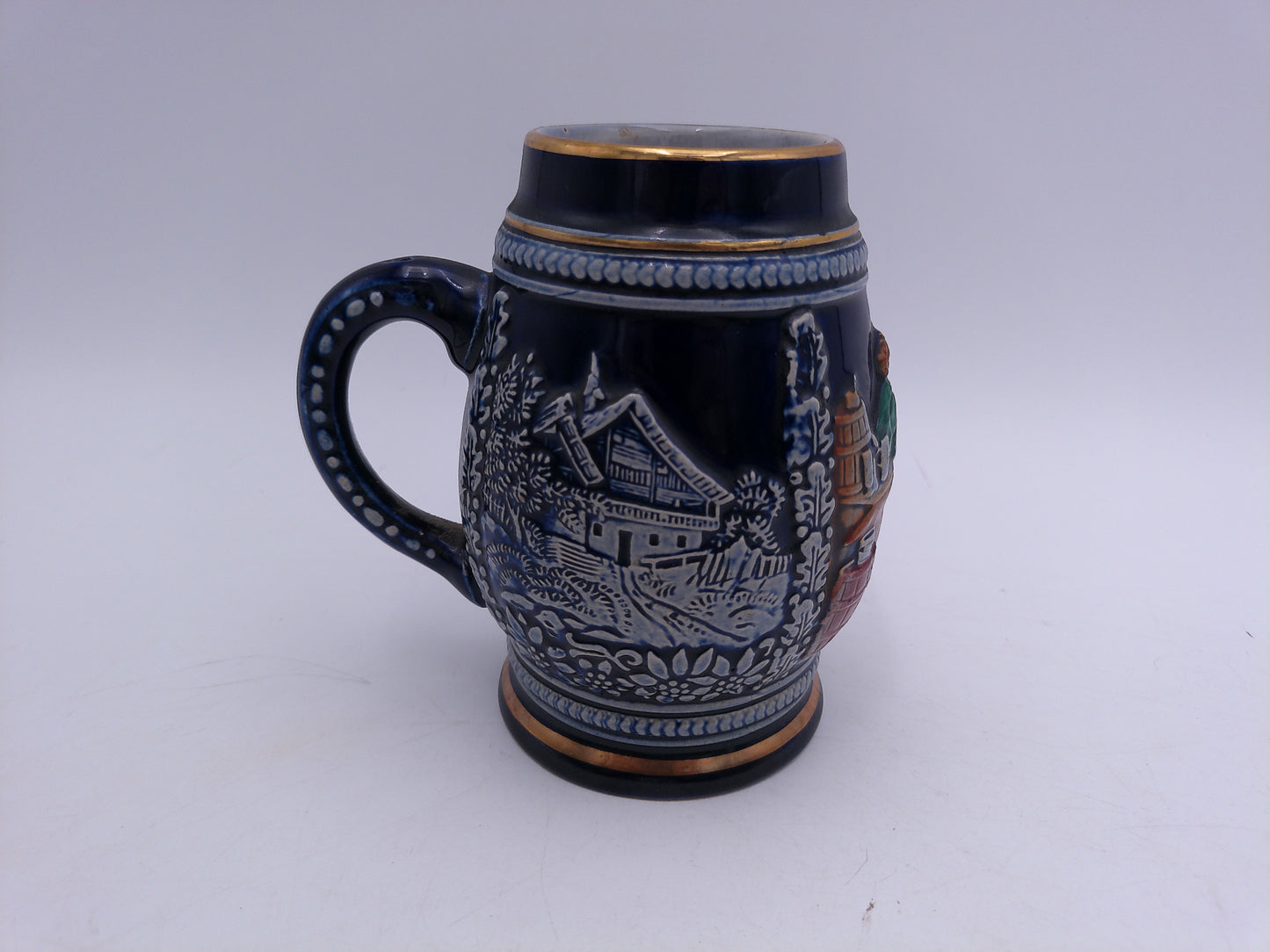 Beer Stein Mug Vintage German Stein with Handle Gold rim and rings