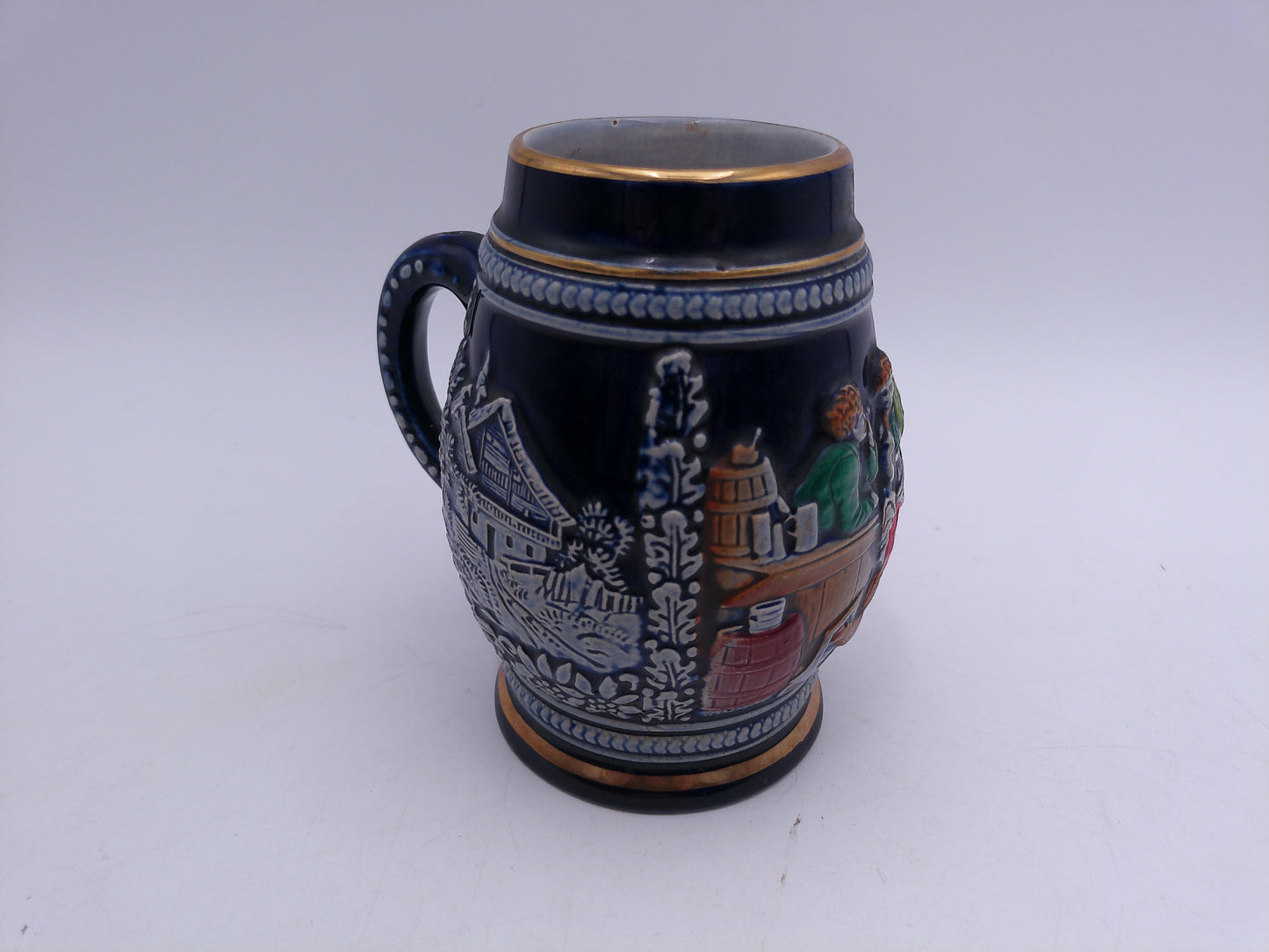 Beer Stein Mug Vintage German Stein with Handle Gold rim and rings