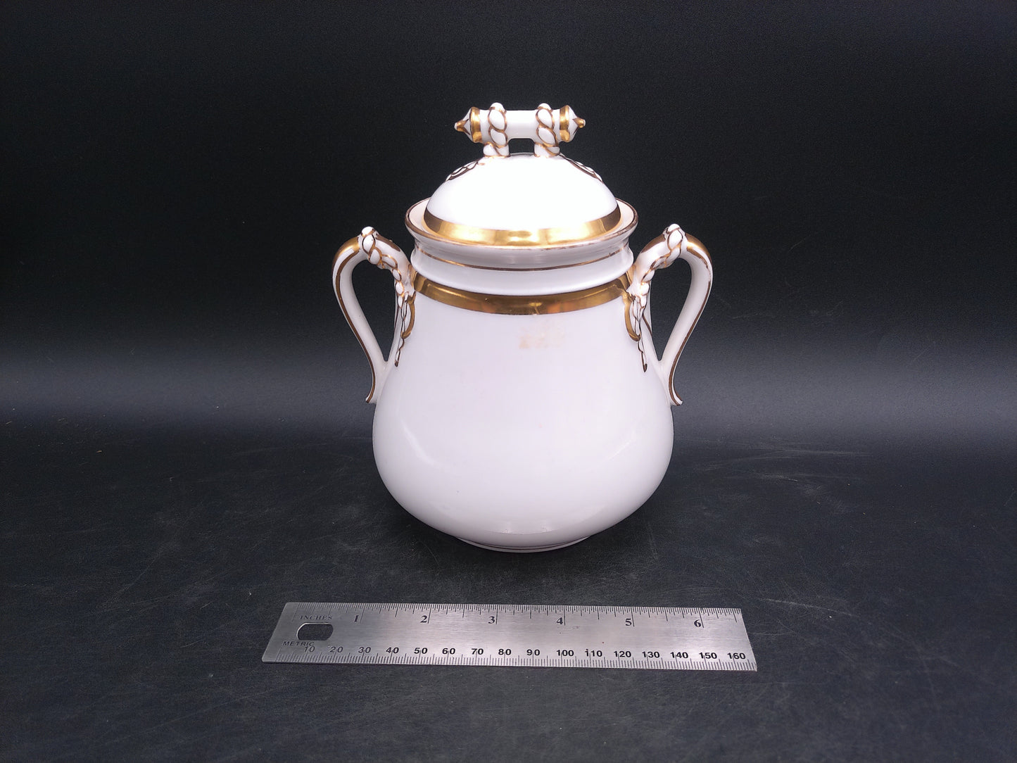 Haviland & Co Limoges Porcelain Sugar Bowl & Lid White Gold Trim Vintage