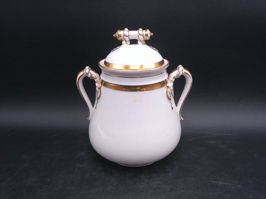 Haviland & Co Limoges Porcelain Sugar Bowl & Lid White Gold Trim Vintage