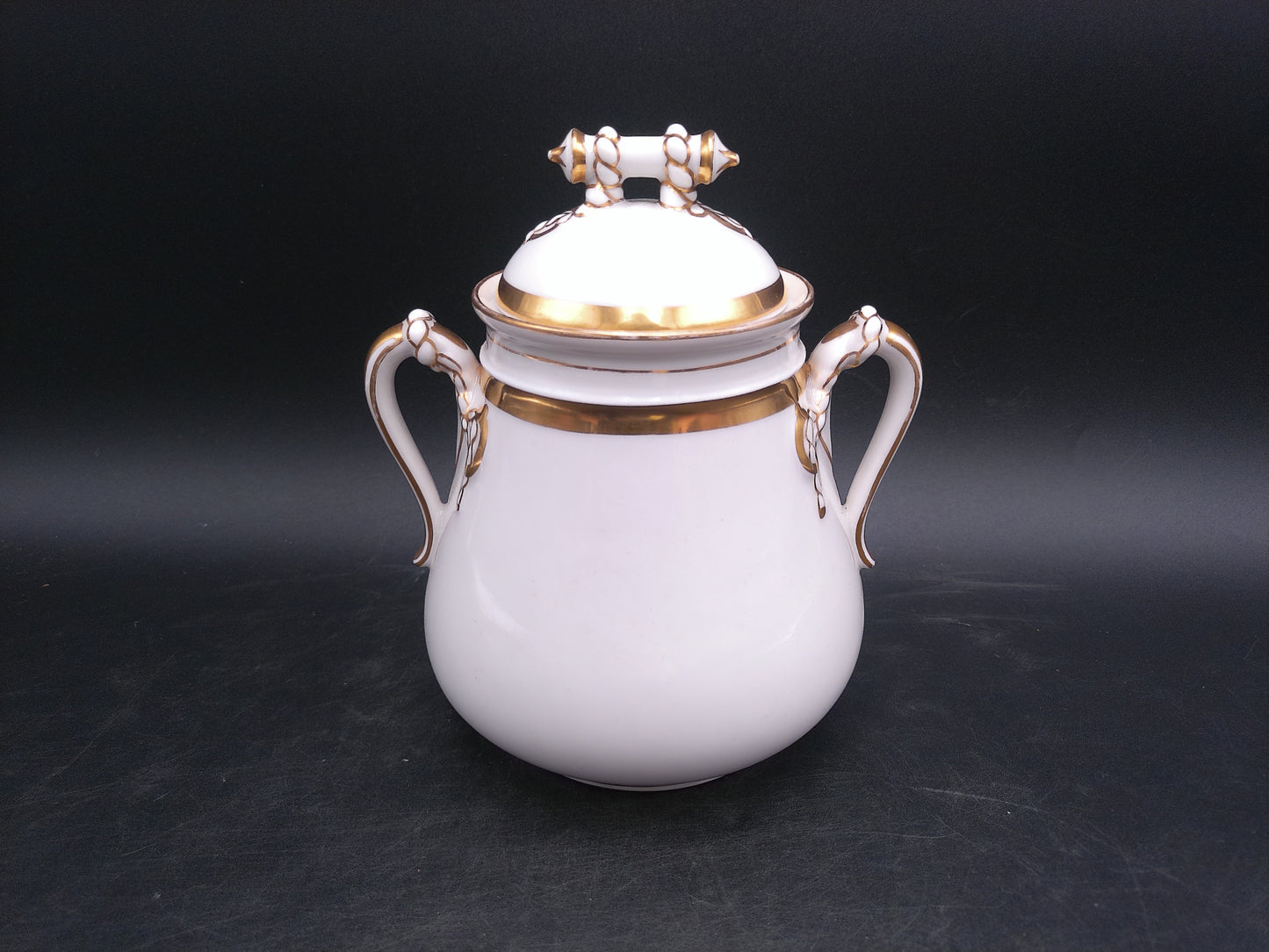 Haviland & Co Limoges Porcelain Sugar Bowl & Lid White Gold Trim Vintage