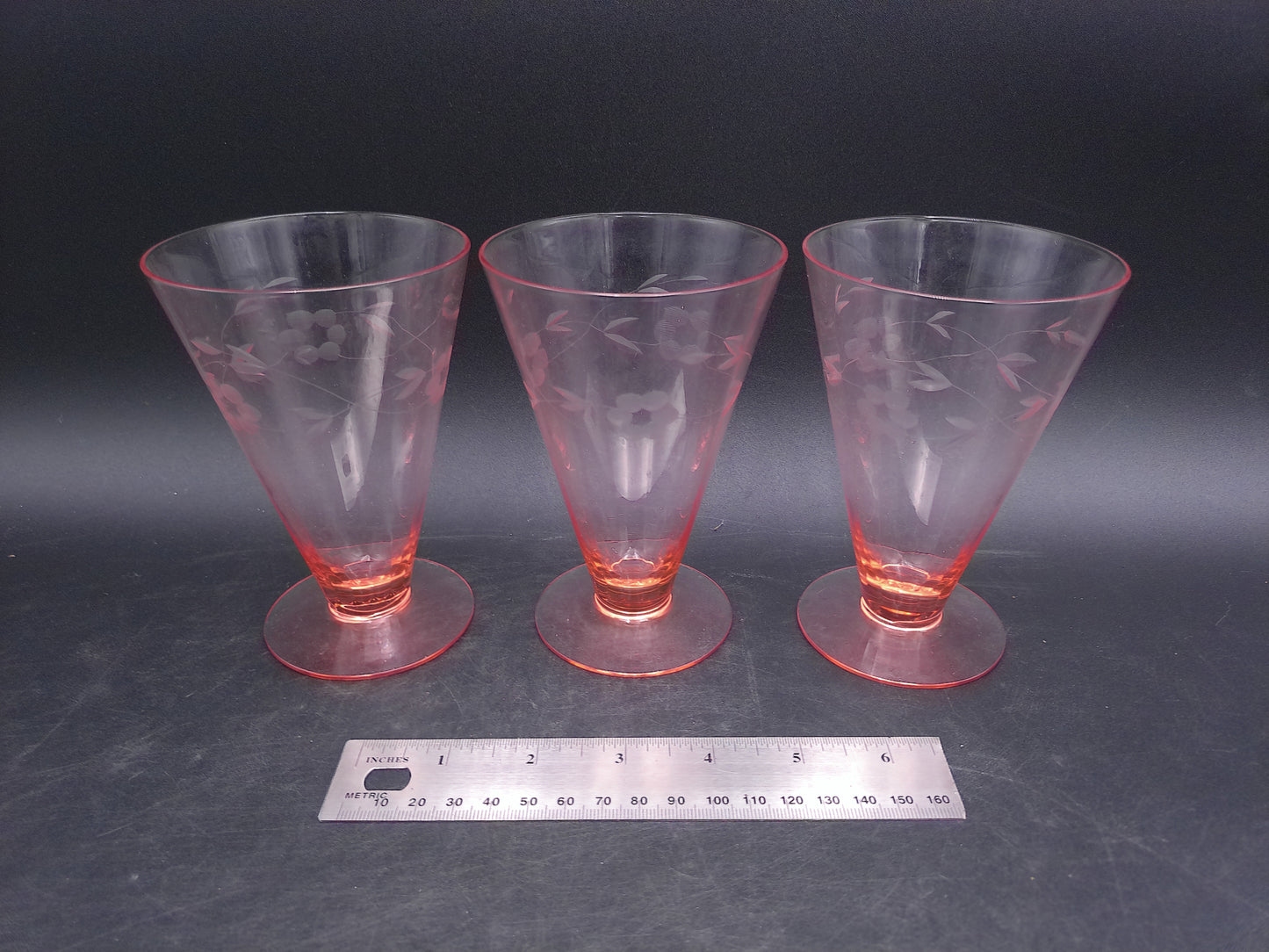 Pink Depression Glass Parfait Tumblers Floral Etched Set of 3 Vintage