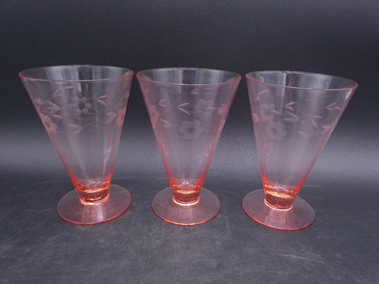 Pink Depression Glass Parfait Tumblers Floral Etched Set of 3 Vintage