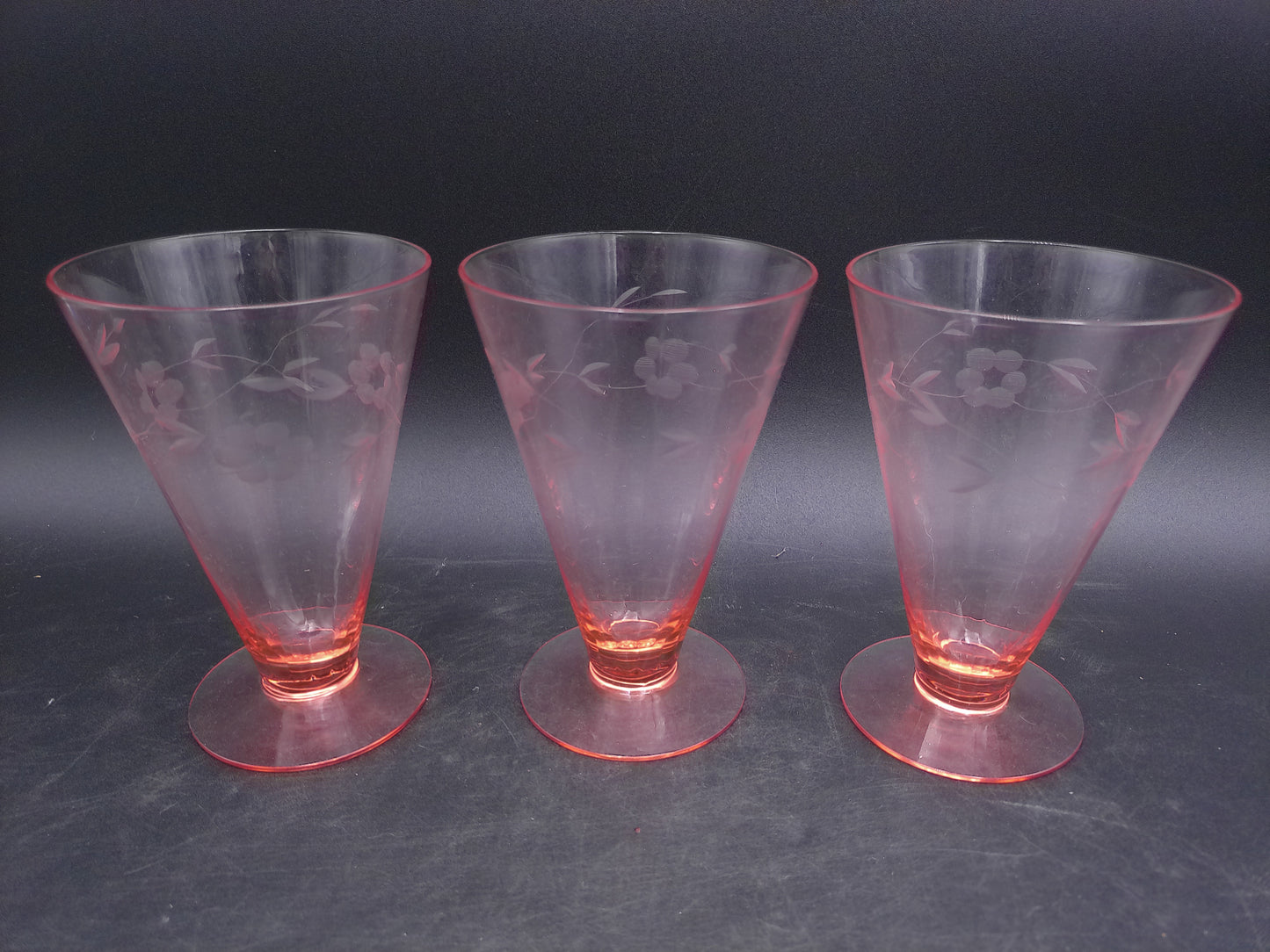 Pink Depression Glass Parfait Tumblers Floral Etched Set of 3 Vintage