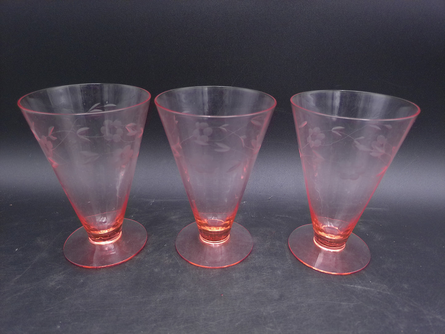 Pink Depression Glass Parfait Tumblers Floral Etched Set of 3 Vintage