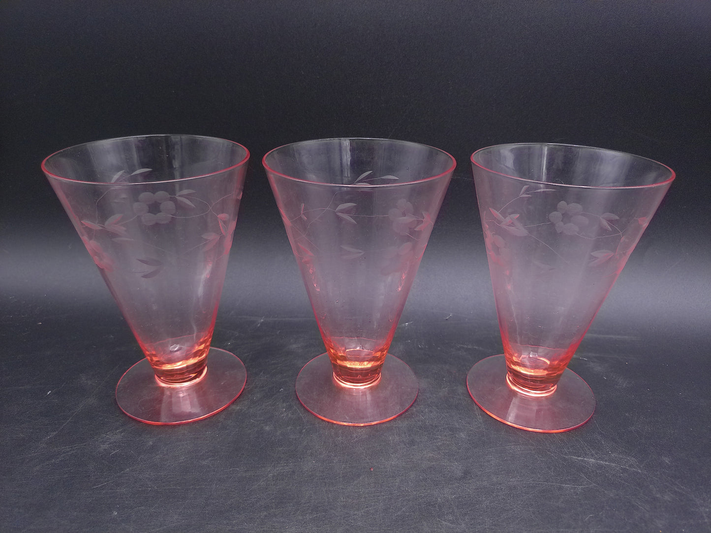 Pink Depression Glass Parfait Tumblers Floral Etched Set of 3 Vintage