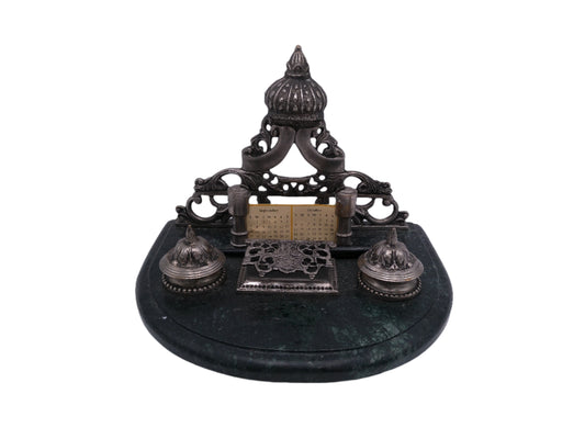 Vintage Ornate Double Ink Pen Well with Marble Base