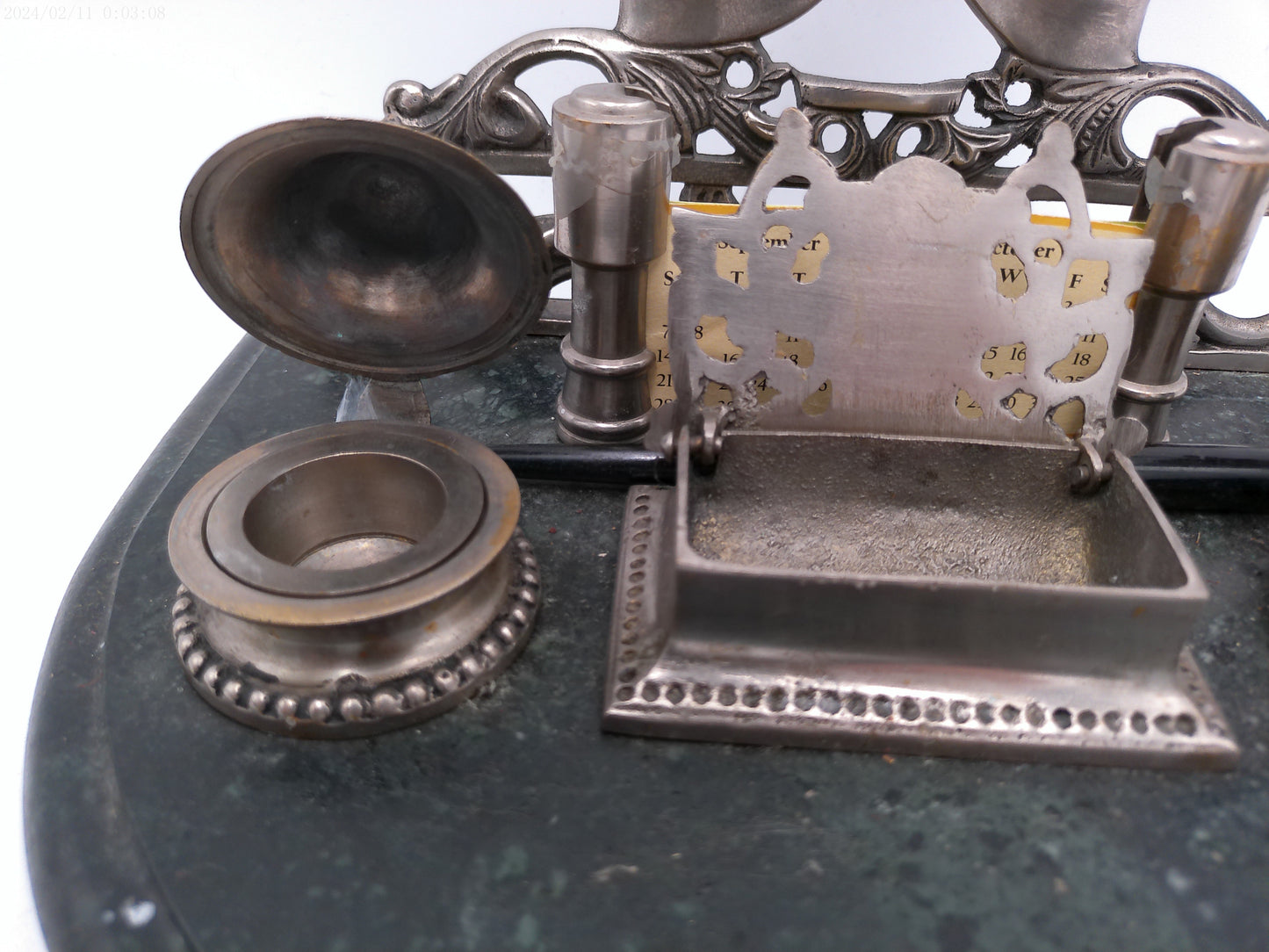 Vintage Ornate Double Ink Pen Well with Marble Base