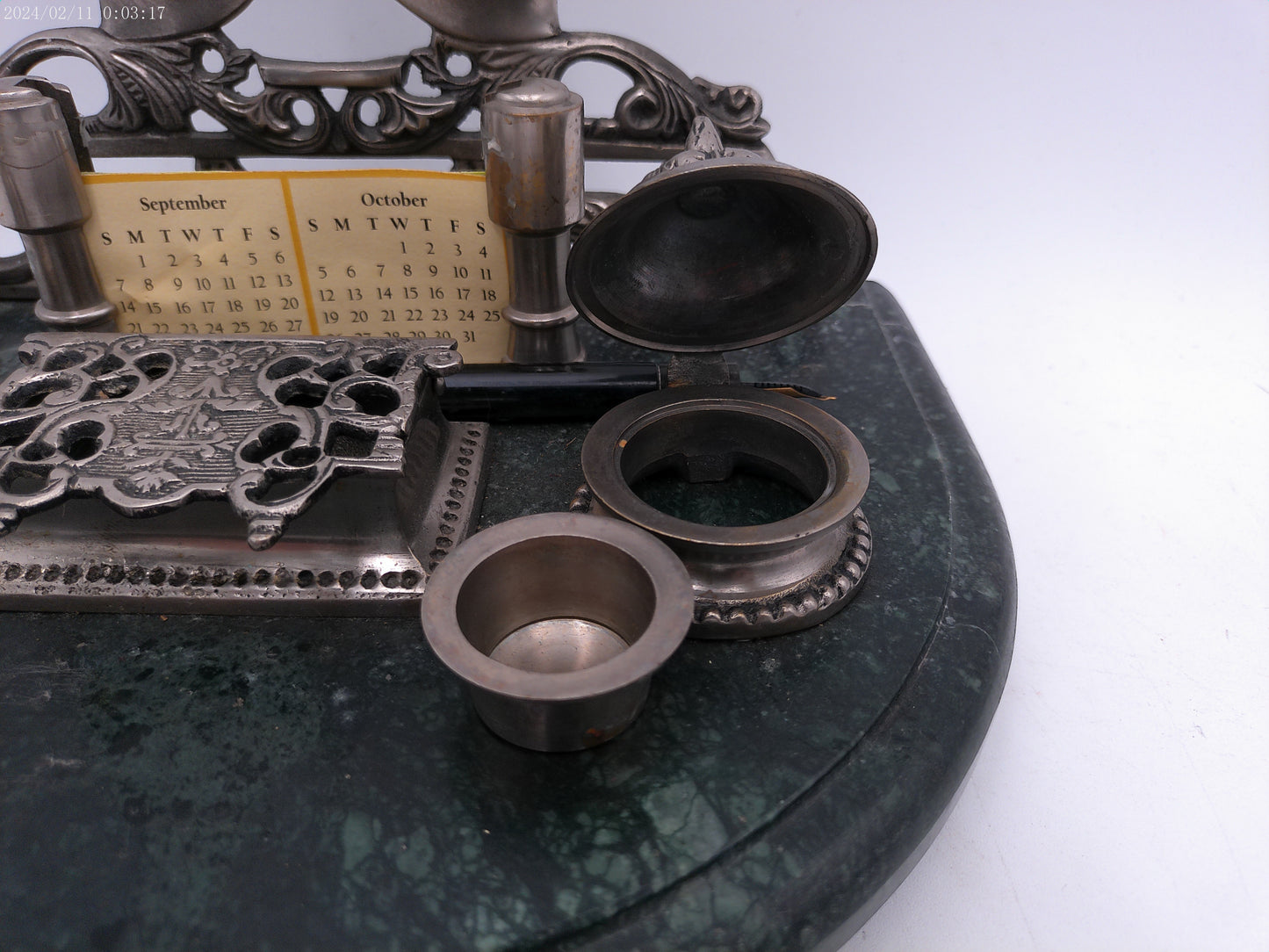 Vintage Ornate Double Ink Pen Well with Marble Base