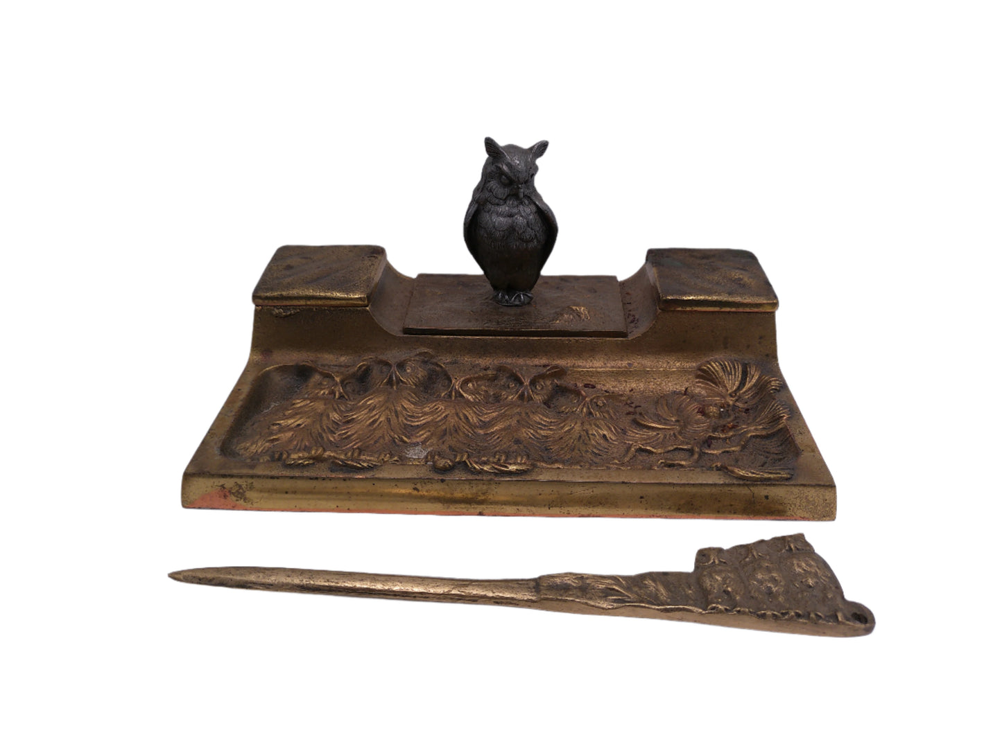 Vintage Cast Iron Inkwell holder with Letter opener Owl on Base