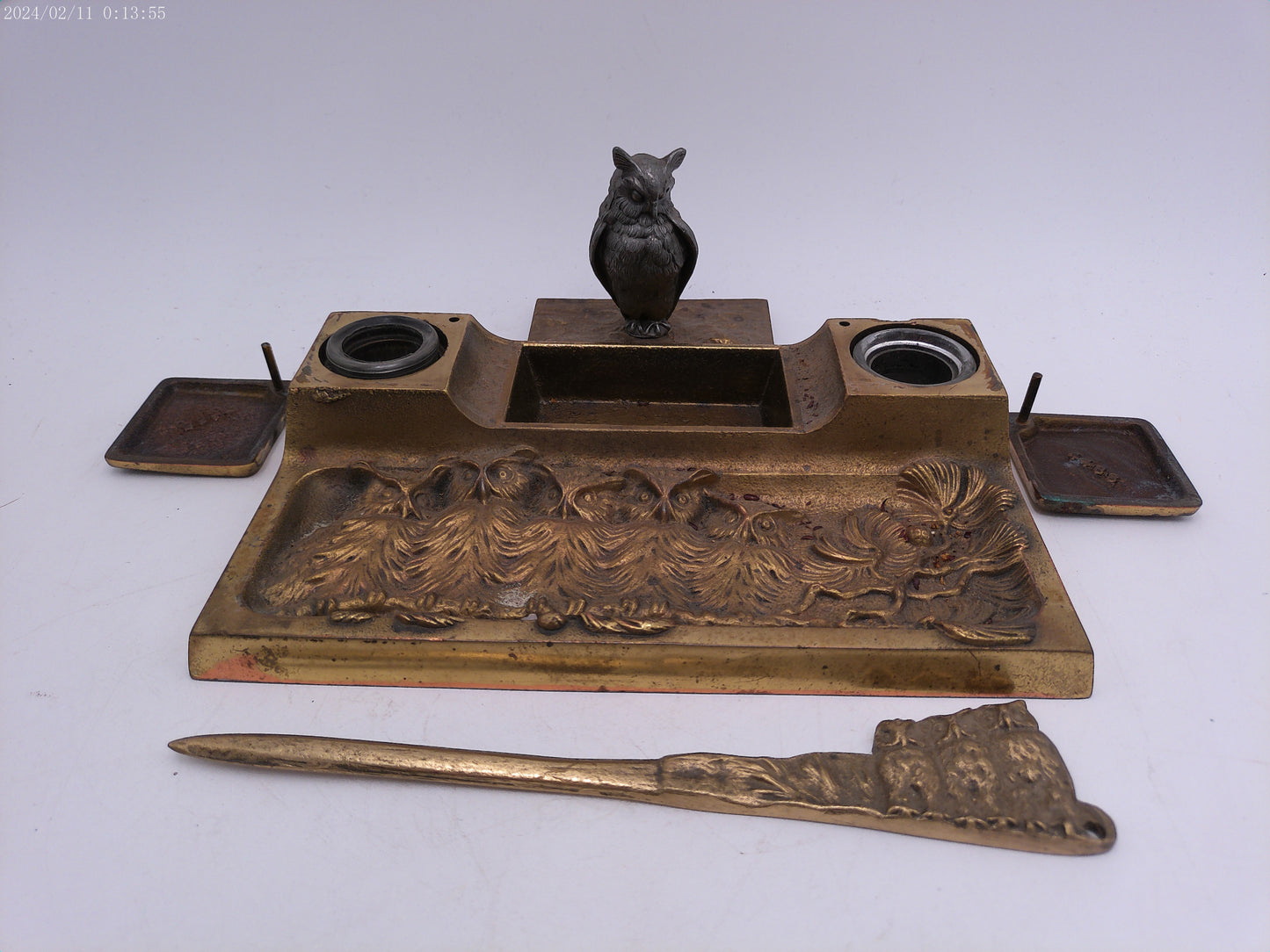 Vintage Cast Iron Inkwell holder with Letter opener Owl on Base