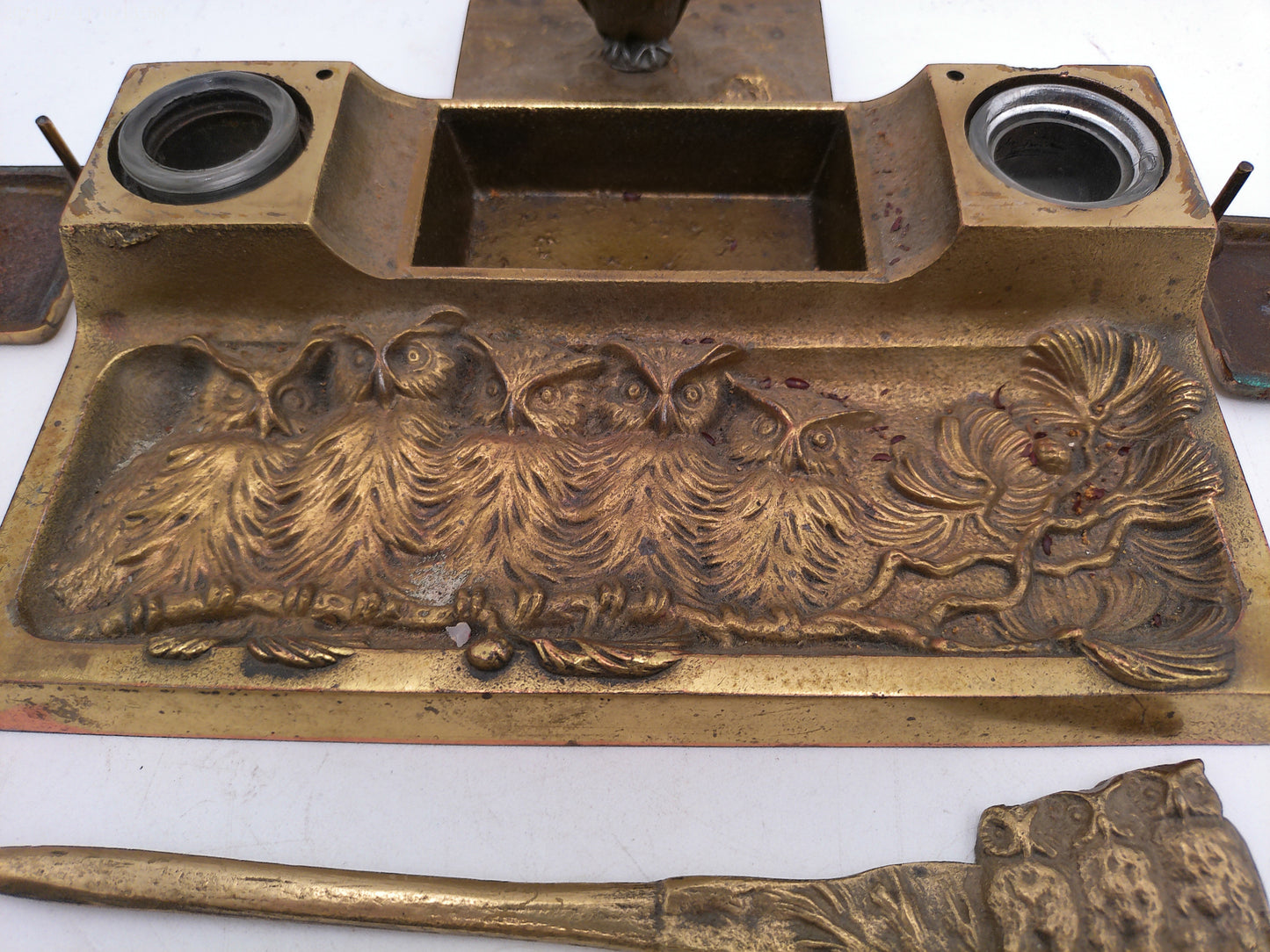 Vintage Cast Iron Inkwell holder with Letter opener Owl on Base