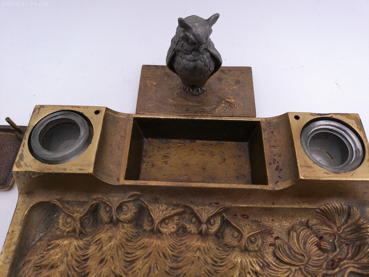 Vintage Cast Iron Inkwell holder with Letter opener Owl on Base