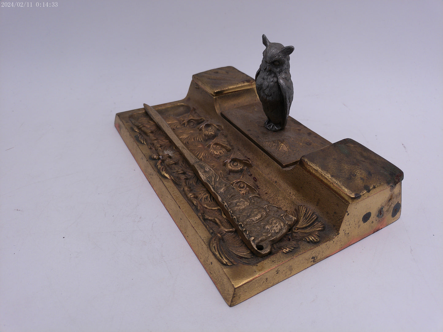 Vintage Cast Iron Inkwell holder with Letter opener Owl on Base