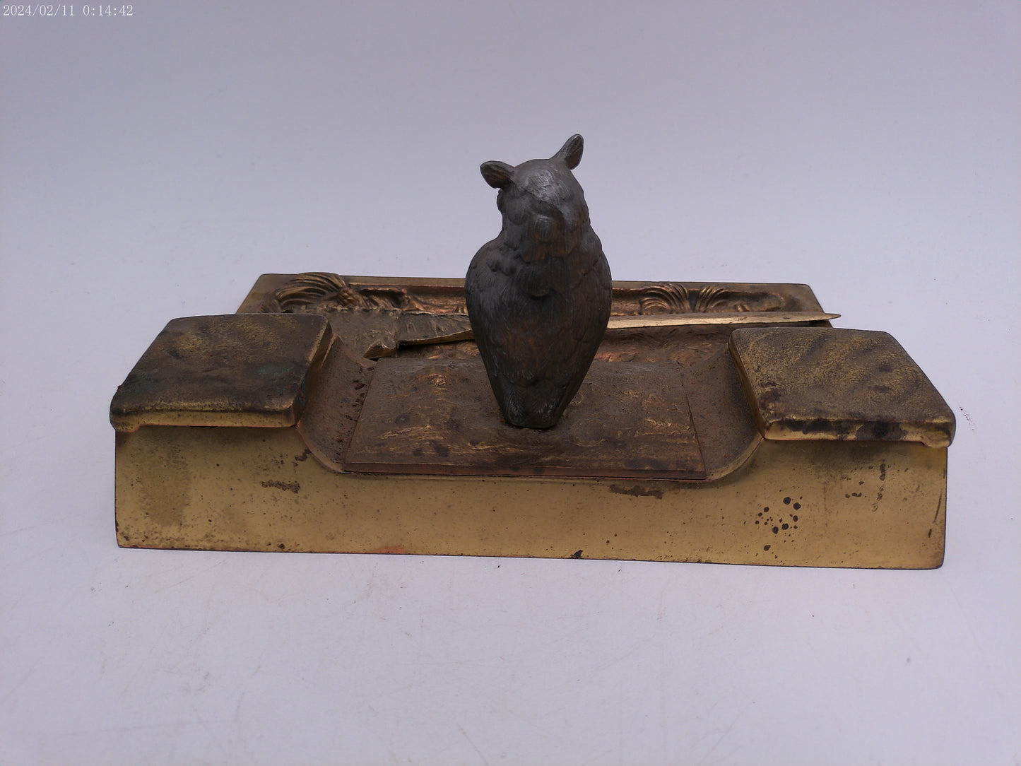 Vintage Cast Iron Inkwell holder with Letter opener Owl on Base