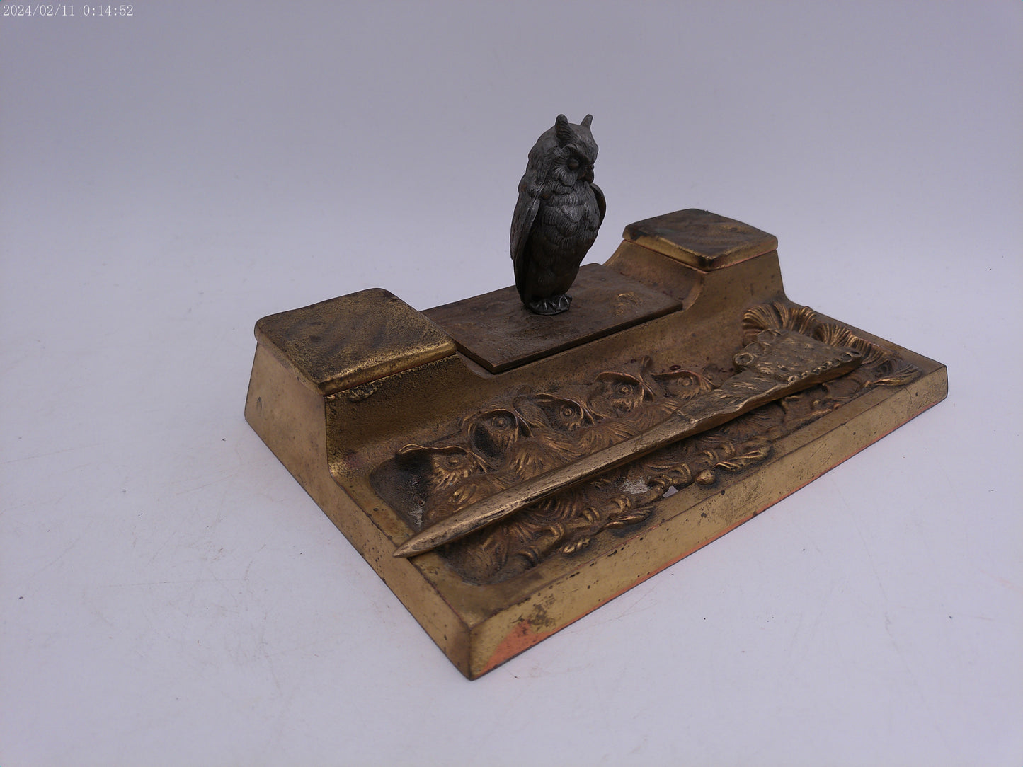 Vintage Cast Iron Inkwell holder with Letter opener Owl on Base