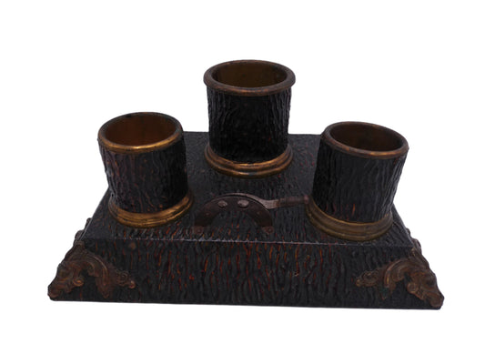 Super Rare Antique 3 Inkwell Cast Iron Base