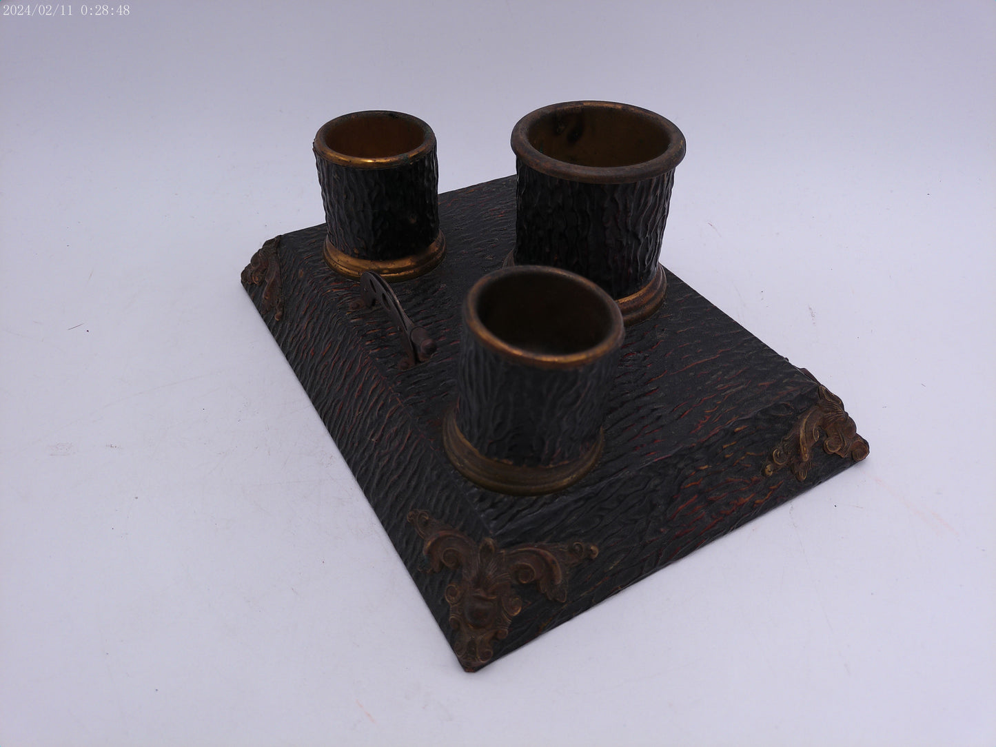 Super Rare Antique 3 Inkwell Cast Iron Base