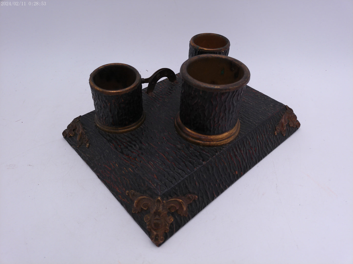 Super Rare Antique 3 Inkwell Cast Iron Base