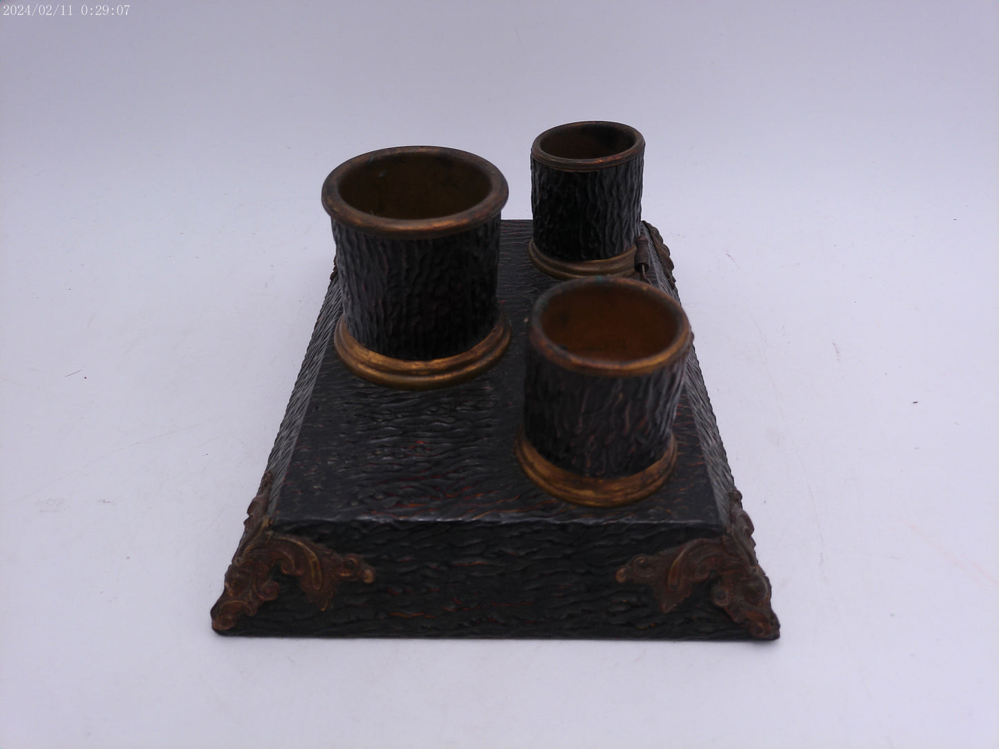 Super Rare Antique 3 Inkwell Cast Iron Base