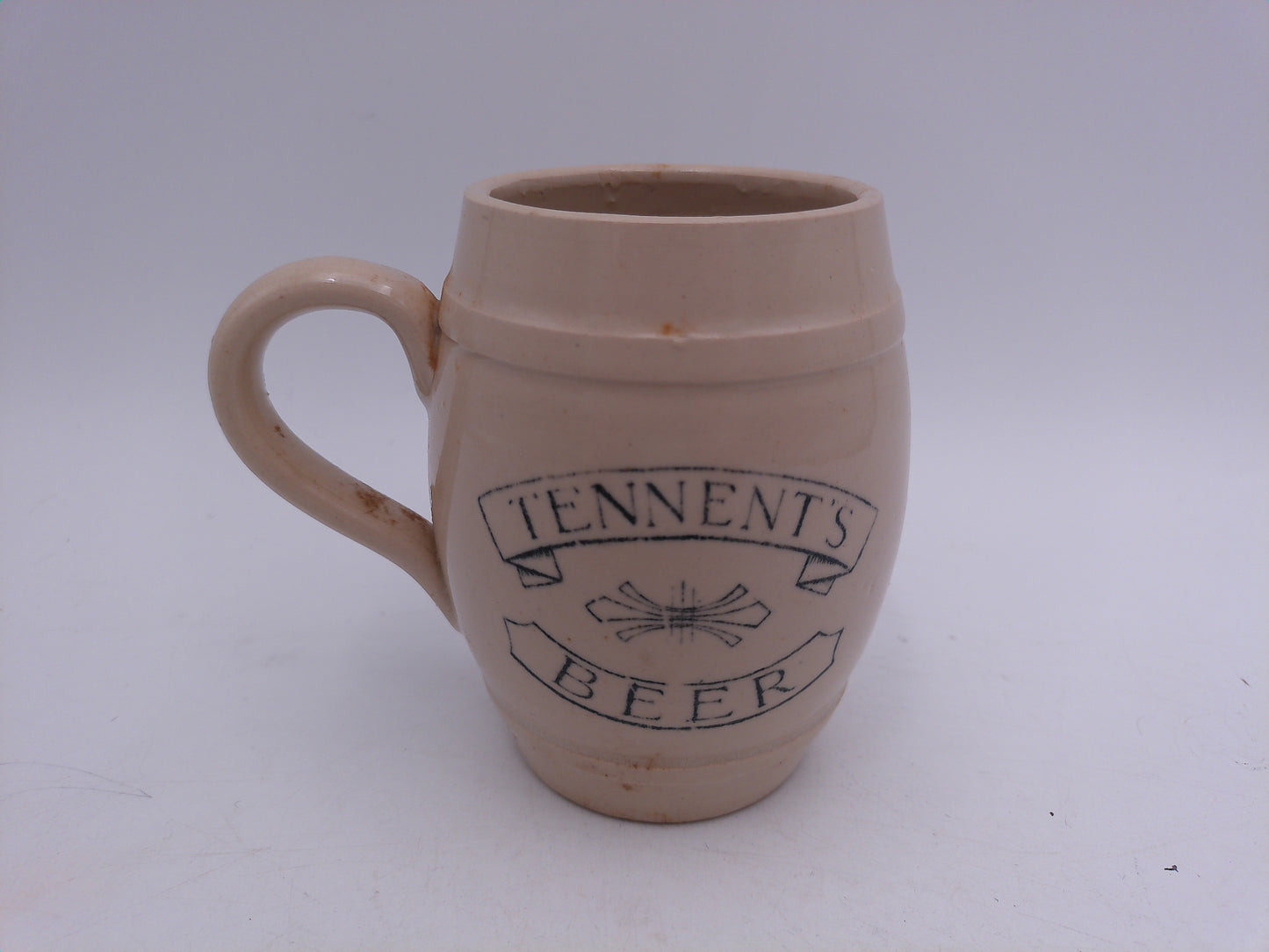 Beer Stein RARE Vintage Possil Pottery Glasgow Scotland Tennant’s Beer Barrel