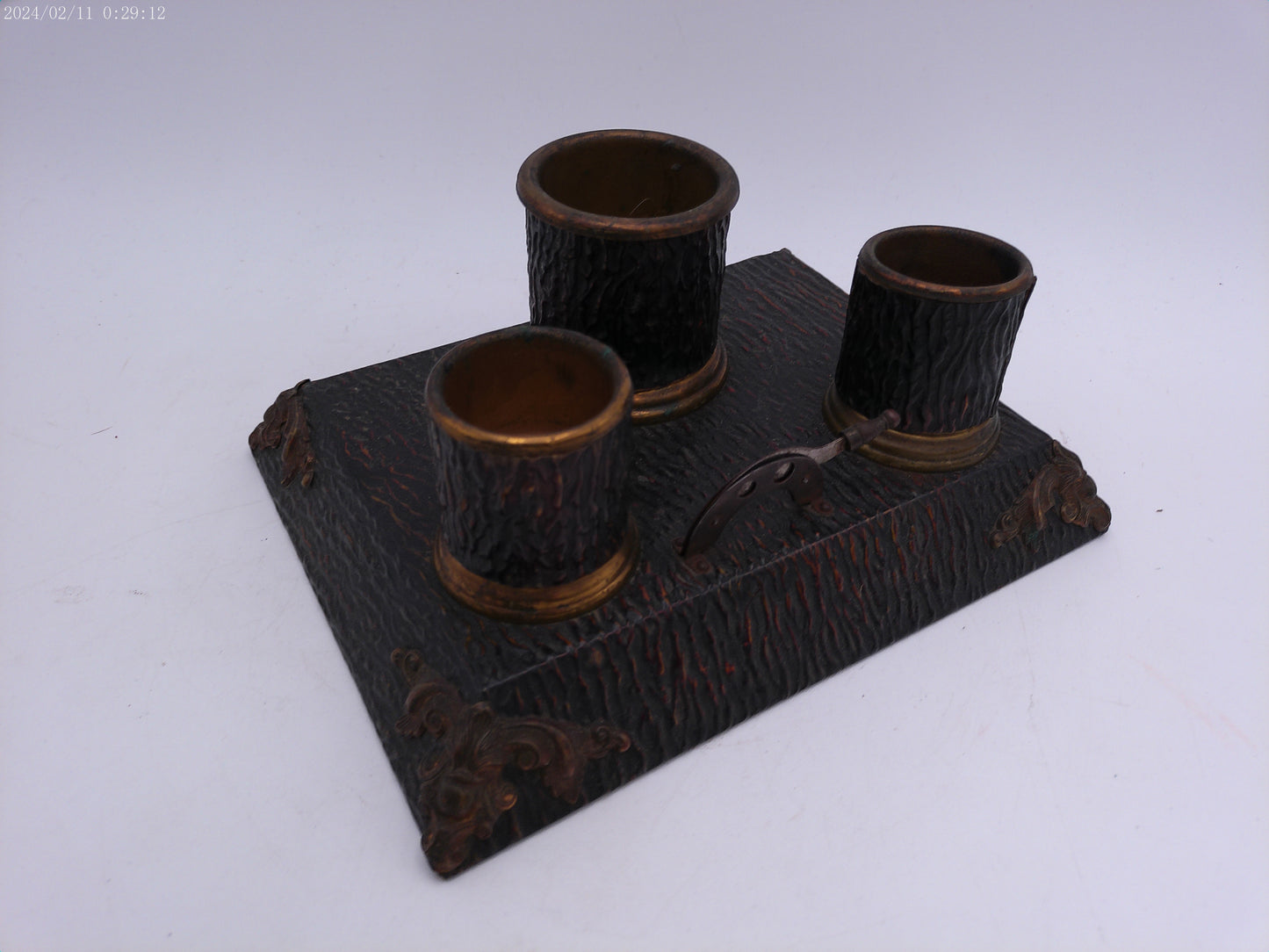 Super Rare Antique 3 Inkwell Cast Iron Base