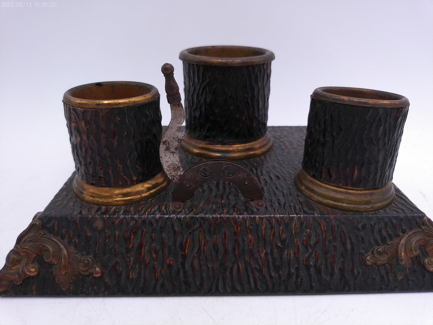 Super Rare Antique 3 Inkwell Cast Iron Base