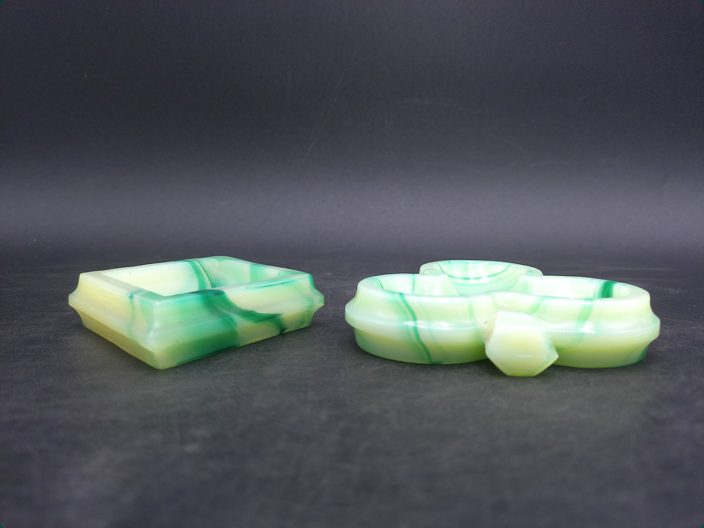 Green White Marble Art Glass Square Trivet Plate and Three leaf Irish Clover Ashtray