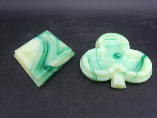Green White Marble Art Glass Square Trivet Plate and Three leaf Irish Clover Ashtray