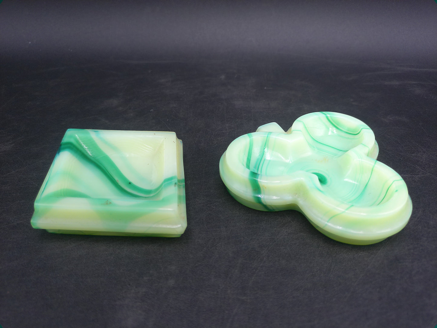 Green White Marble Art Glass Square Trivet Plate and Three leaf Irish Clover Ashtray