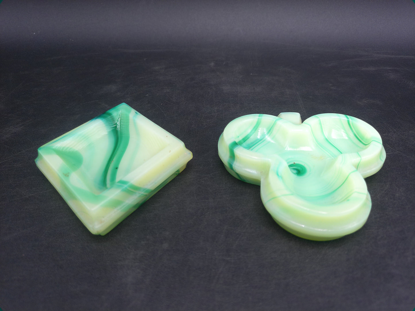 Green White Marble Art Glass Square Trivet Plate and Three leaf Irish Clover Ashtray