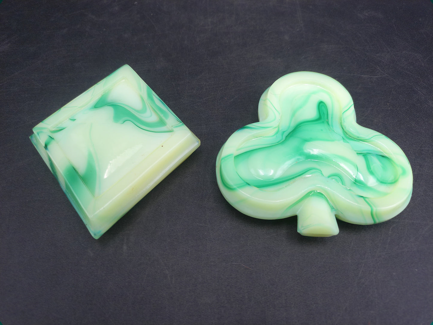 Green White Marble Art Glass Square Trivet Plate and Three leaf Irish Clover Ashtray