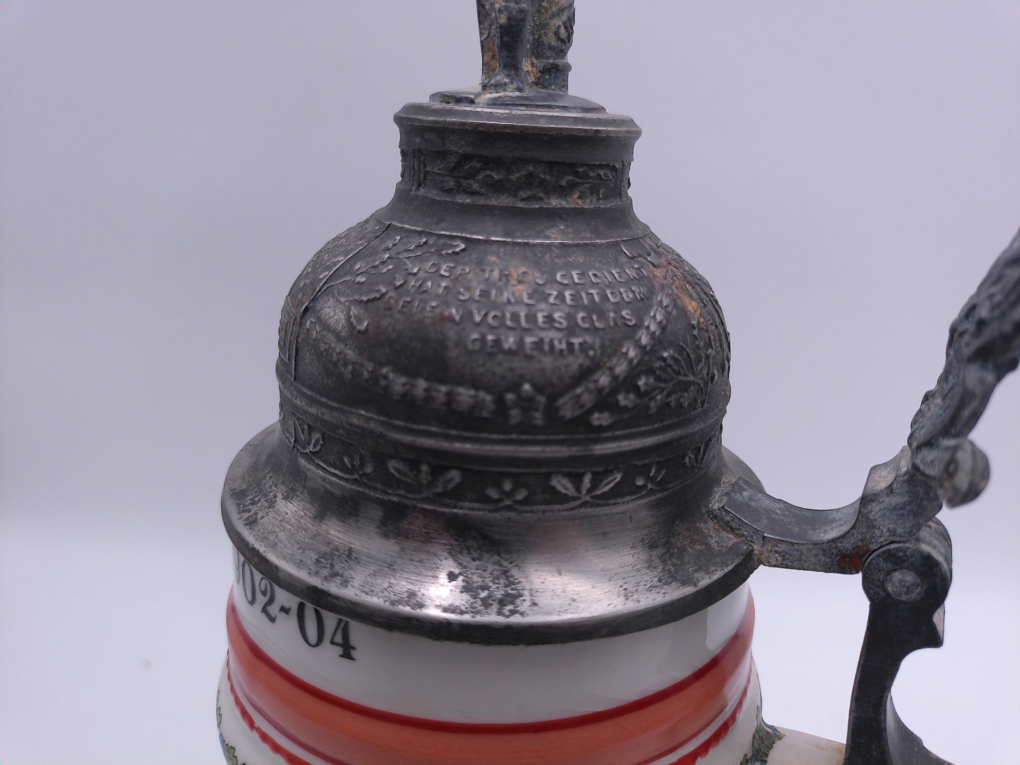 Beer Stein Vintage German with Lid 1902-04 writing With Pewter Lid JK