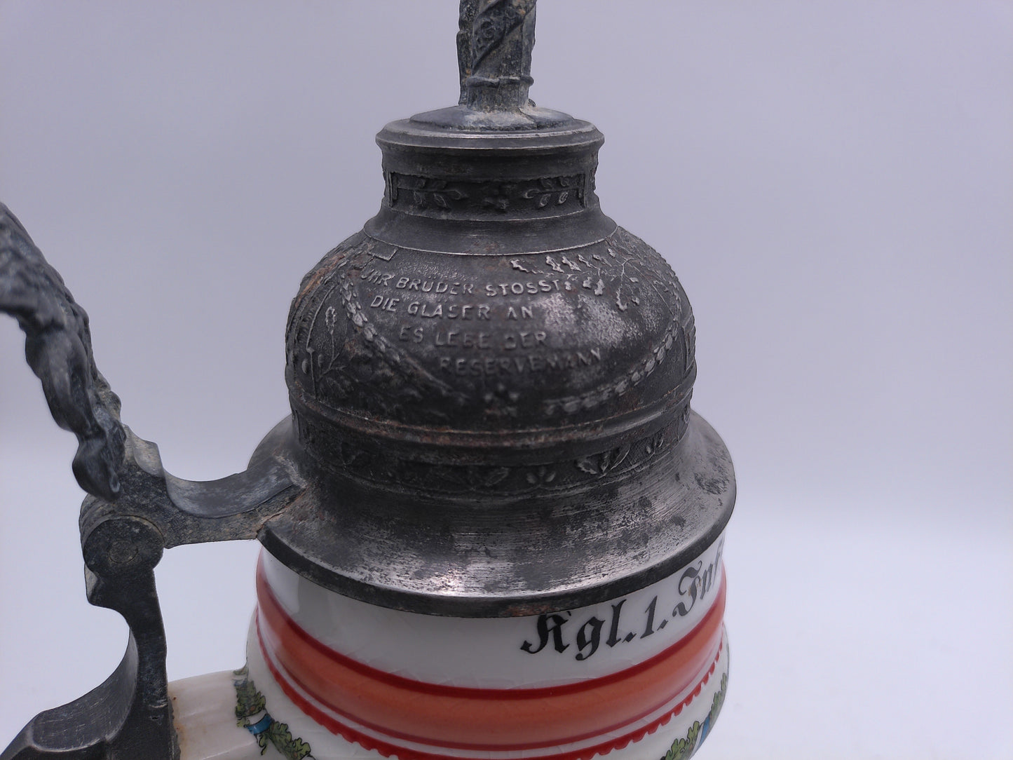 Beer Stein Vintage German with Lid 1902-04 writing With Pewter Lid JK