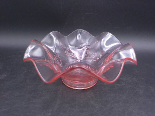 Pink Glass Ruffle Floral Bowl Candy Dish Antique  Etched Flower and Leaf Design