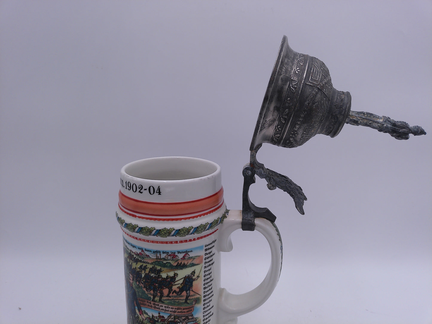 Beer Stein Vintage German with Lid 1902-04 writing With Pewter Lid JK