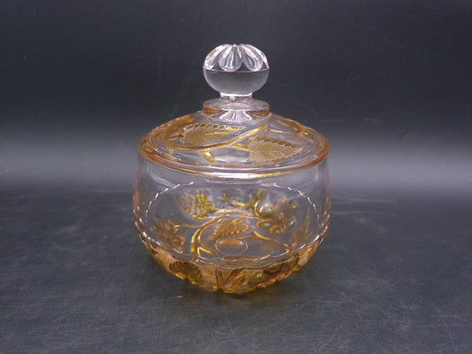 Old and Rare Crystal Candy or Jam Jar Amber Glass Floral Glass Design with Lid