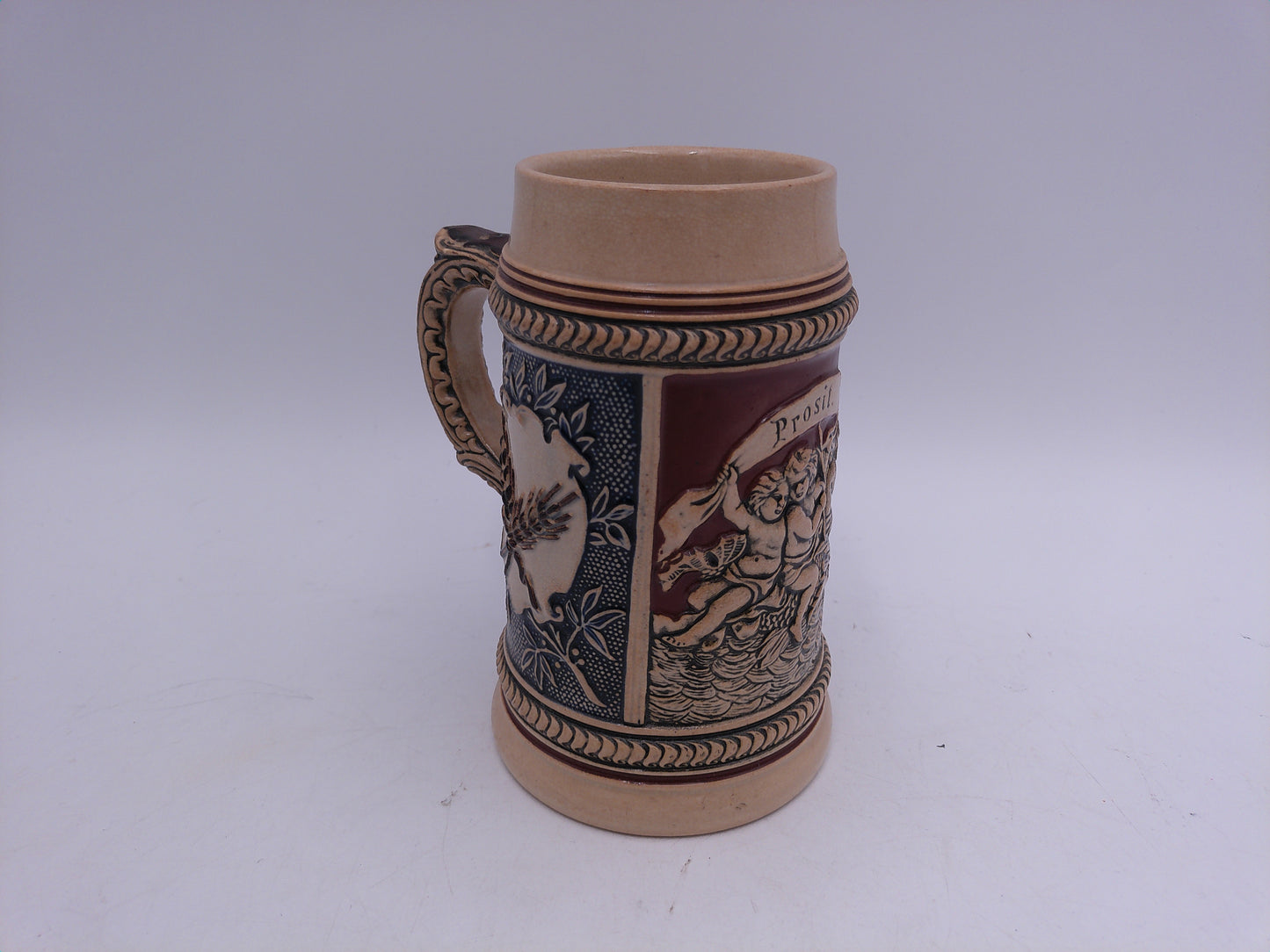 Beer Stein Vintage Prosit Brown and Tan Decorative Handle