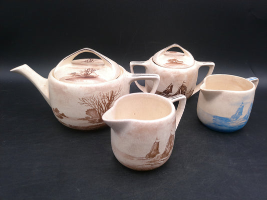 Roseville Pottery Creamware Landscape Teapot Set of 4 1910c