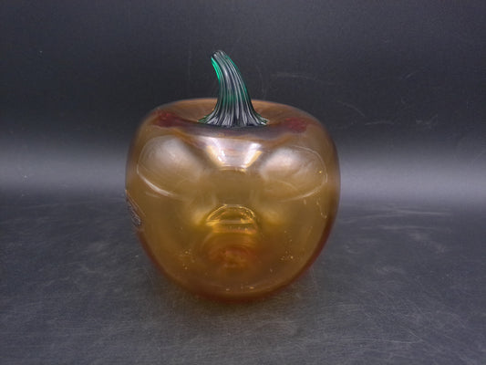 Blenko Handcraft  9355 S Optic Art Glass Topaz Pumpkin with Green Stem 5" tall